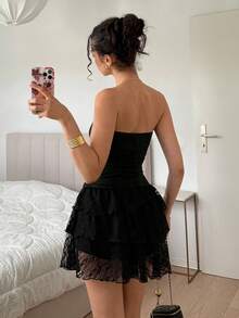 SHEIN EZwear 女款純色抓皺收腰優雅派對旅行迷你抹胸洋裝 - 黑色 - 查看 3