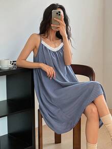 DAZY Lace Patchwork Sleeveless Polka Dot Print Midi Dress, Women Summer Nightgown Pajamas - Blue - View 3