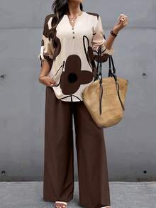 Elouméa 標準尺寸女款春夏季大花卉印花捲袖襯衫與長褲休閒度假套裝 - 彩色 - 查看 4