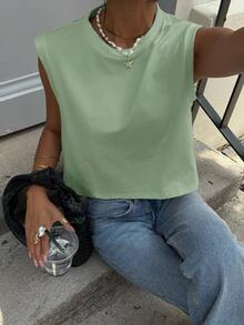 Siren Gaze Casual Versatile Solid Color Wide Shoulder Cropped Tank Top - Green - View 5