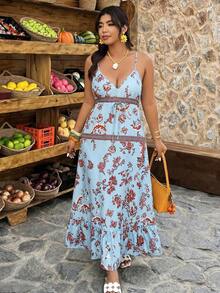 Weeklong Plus Size Women's Spring/Summer Ruffle Backless Print A-Line Casual Vacation Dress - Multicolor - View 5