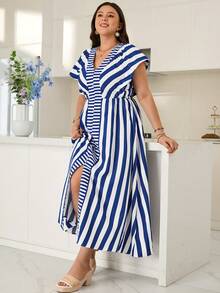 Rosumi Gaun Karaoke Kasual Musim Panas Wanita Ukuran Besar Motif Garis-garis Biru & Putih - Blue and White - View 9