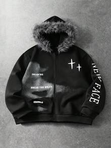 ROMWE MEN Goth 男士抽象肖像與十字星印花毛絨帽，寬鬆衛衣 - 黑色 - 查看 1