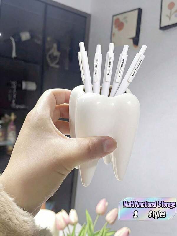 1pc Creative Tooth Shaped Pen Holder, Unique White Tooth Design, Suitable For Dental/Dentist Small Gifts, Home Office Desktop Organizer And Makeup Brush Holder, Also Can Be Used For Bathroom Toothbrush Storage Office Desk Accessories Desk Accessories