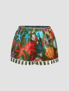 Chillnights Ensemble de pyjama satiné pour femmes avec col à revers, boutons devant, imprimé contrasté à rayures avec étoiles de mer, coquillages, corail et diamants de l'océan, jeune, vibrant et amusant - Multicolore - Voir 4