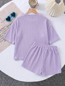 SHEIN LMoss Kids 两件套女童针织纯色圆领宽松T恤和修身短裤套装 - 紫色 - 查看 2