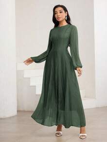 Veilorie Vestido elegante de cuello alto de 3/4 de manga con cintura fruncida, versátil y encantador - Verde militar - Ver 3