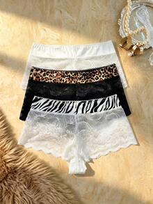 Bare Chapter 3pcs/Set Sexy Lace Women's Briefs, Mid-Rise Animal Print Panties - Multicolor - View 2