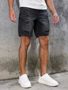 Manfinity Roughcore Men's Denim Shorts, Fashion Suitable For Summer Black Shorts Men S Ripped Shorts - Black - View 4