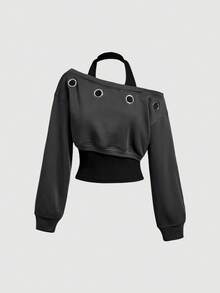 SHEIN MOD 女款鏤空設計 2 合 1 時尚掛脖領衛衣 - 黑色 - 查看 2