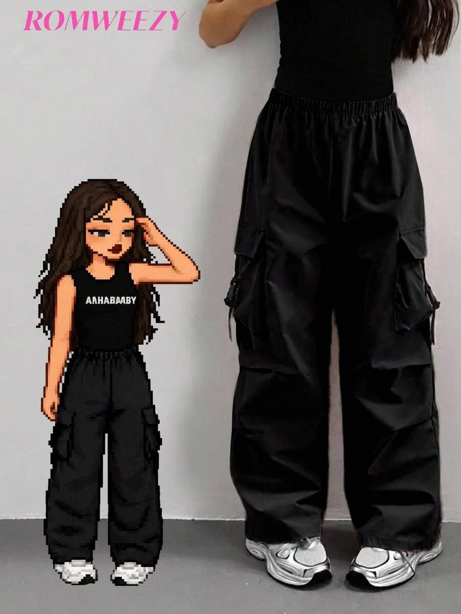 SHEIN Sparklyn Tween 女童休闲纯色工装裤 - 黑色 - 查看 1