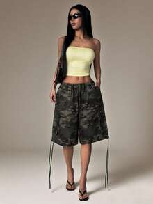 Sinnesro WOMEN Cargo Utility Long Shorts Military Combat Style Drawstring Elastic Waist Summer Spring Casual Pockets Bermuda Length Outdoor Hiking Walking ,Petite Women - Army Green - View 15