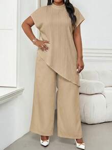 SHEIN Lady Plus Size Women's High Neck Short Sleeve Asymmetrical Hem Top - Apricot - View 5