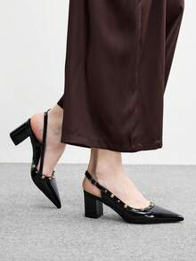 CUCCOO BIZCHIC 1雙黑色瑪麗珍漆皮尖頭露後跟涼鞋 女款 金色鉚釘粗跟通勤高跟鞋 - 黑色2 - 查看 3
