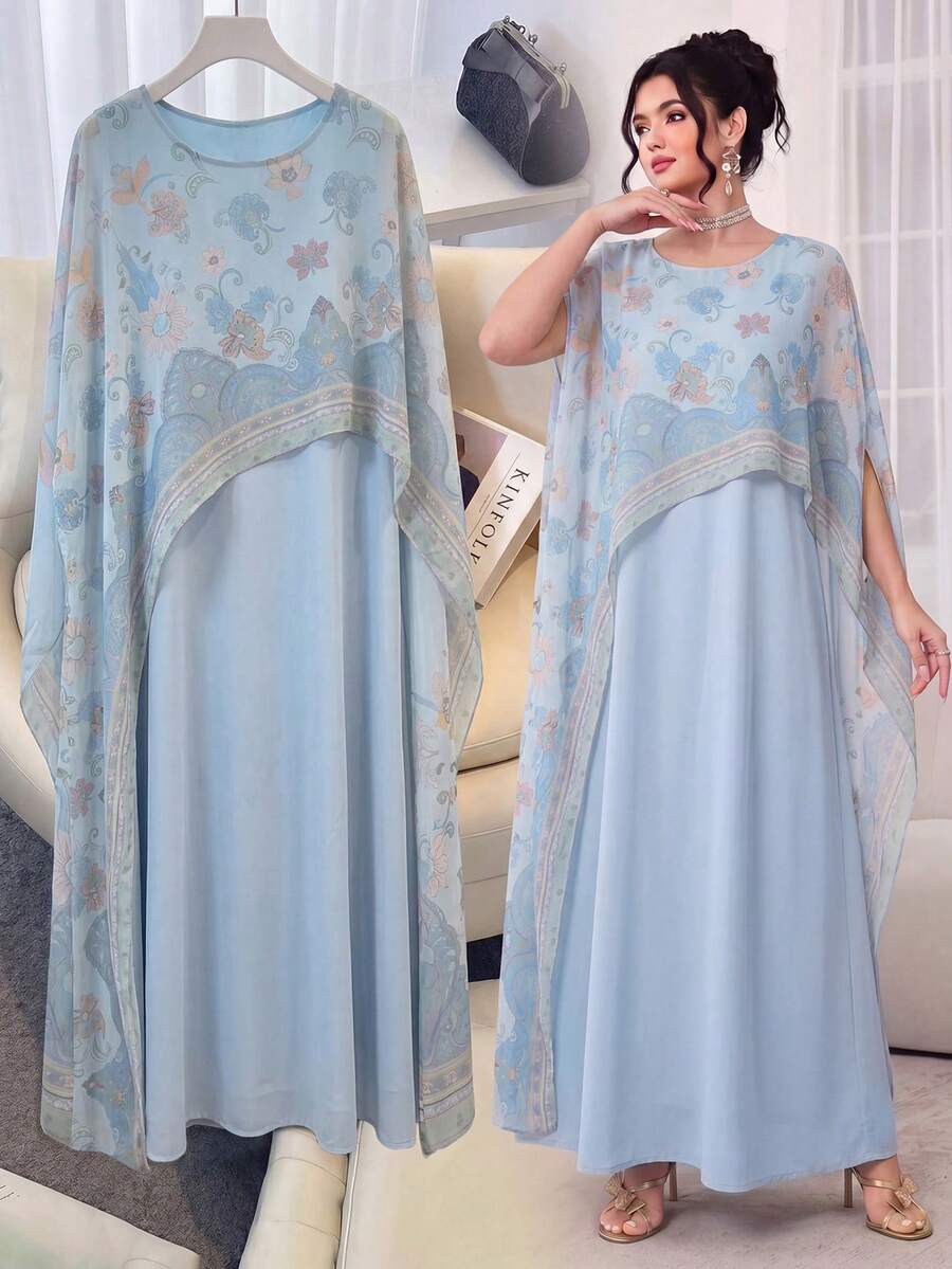 SHEIN Najma 圆领优雅印花雪纺喇叭形束腰连衣裙,土耳其和阿拉伯传统长袍女装 - 藍色 - 查看 1