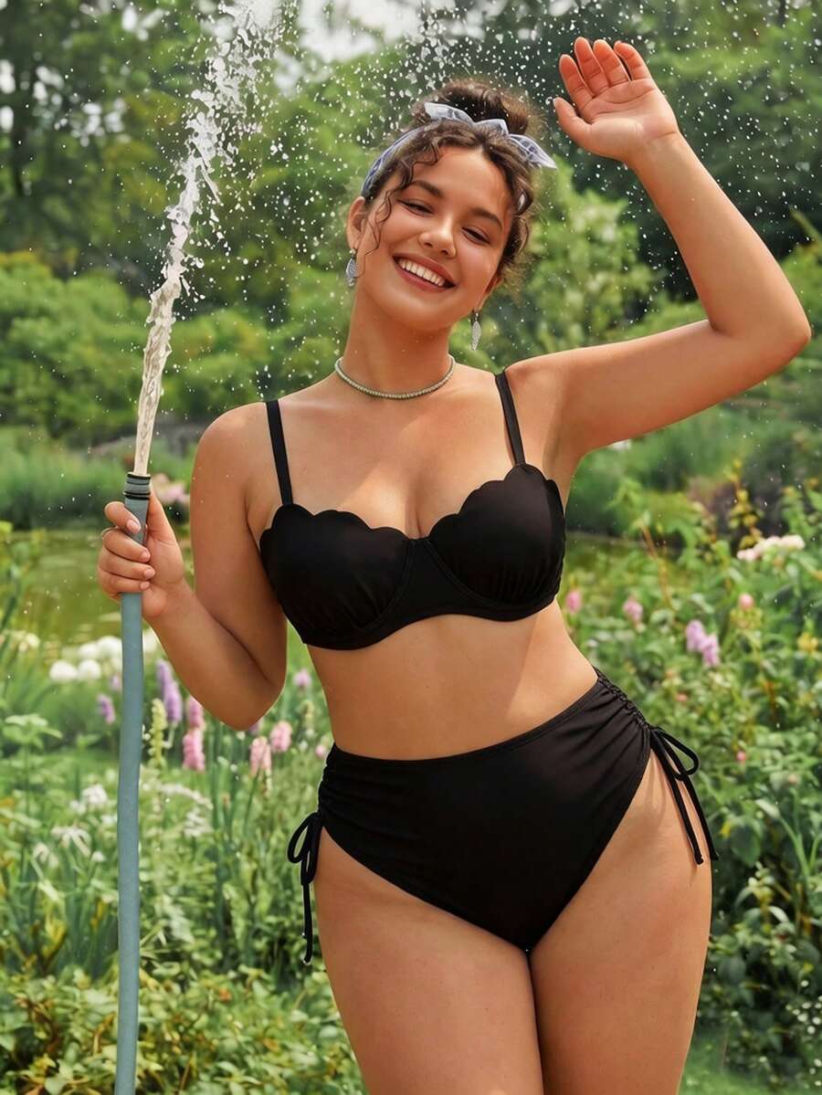 SHEIN Swim Plus Size 2026 Spring/Summer Hot-Selling New Digital Print Push-Up Underwire Shell Hard Cup Swimwear With Detachable Adjustable Shoulder Straps, Easy On/Off High-End Metal Back Clasp, Traditional Sexy High-Waist Triangle Bikini Bottom With Side Tie-Up Adjustable Design, Casual Fashion Vacation Beach Swimwear - Brown - View 1