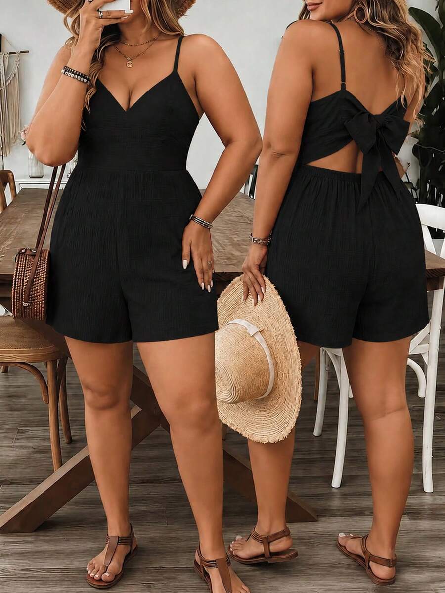 Ceyna Mono de tirantes finos con diseño de lazo y abertura en la espalda de color liso para mujer talla grande - Negro - Ver 1