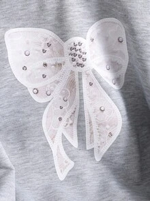 SHEIN Genkimix Kids 女童休閒韓風拼接白色蕾絲刺繡領口與袖口喇叭袖衛衣，適合外出、上學與通勤 - 灰色 - 查看 5