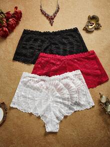 PinupPomp Plus Size Vintage Court Style Wavy Lace Patchwork Panties 3-Pack - Multicolor - View 2