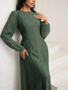 Veilorie Vestido elegante de cuello alto de 3/4 de manga con cintura fruncida, versátil y encantador - Verde militar - Ver 4