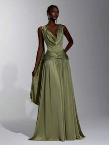 Elitara Elegant Luxurious Beaded Sequin Cowl Neck Back Flutter Sleeve Tassel Elastic Knit Mesh Ruched Bandeau Full Skirt Dress With Strapless Piece For - Army Green - View 2