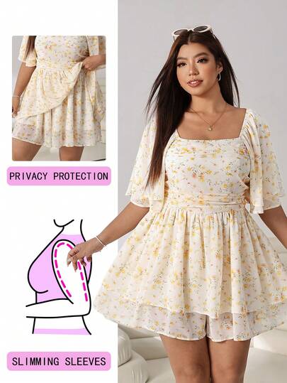 Solflare Macacão Elegante Feminino Plus Size com Estampa Floral, Decote Quadrado, Manga Raglan Curta e Babado na Barra