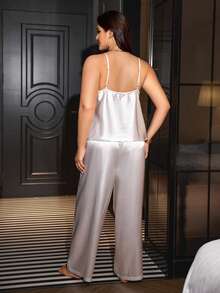 SilkySpell Satin Lace Patchwork Criss-Cross Strap Plus Size Pajama Set - White - View 3