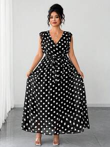 SHEIN Clasi Plus Size Elegant 1920s 1950s Vintage 70's Romantic V-Neck Polka Dot Chiffon Sleeveless Dress Evening Wedding Guest Formal Black White Summer - Black - View 5