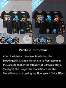 [3 Sets Randomly Sent 1 Set]Tween Boys Pajamas, Spring/Summer New Fashion Cool Glow-In-The-Dark Best-Seller Digital 67 Combination Pattern Printed Knit Tight High Elastic Fabric Short Sleeve Shorts 2-Piece Set Loungewear (UV Light Activated) - Black - View 4