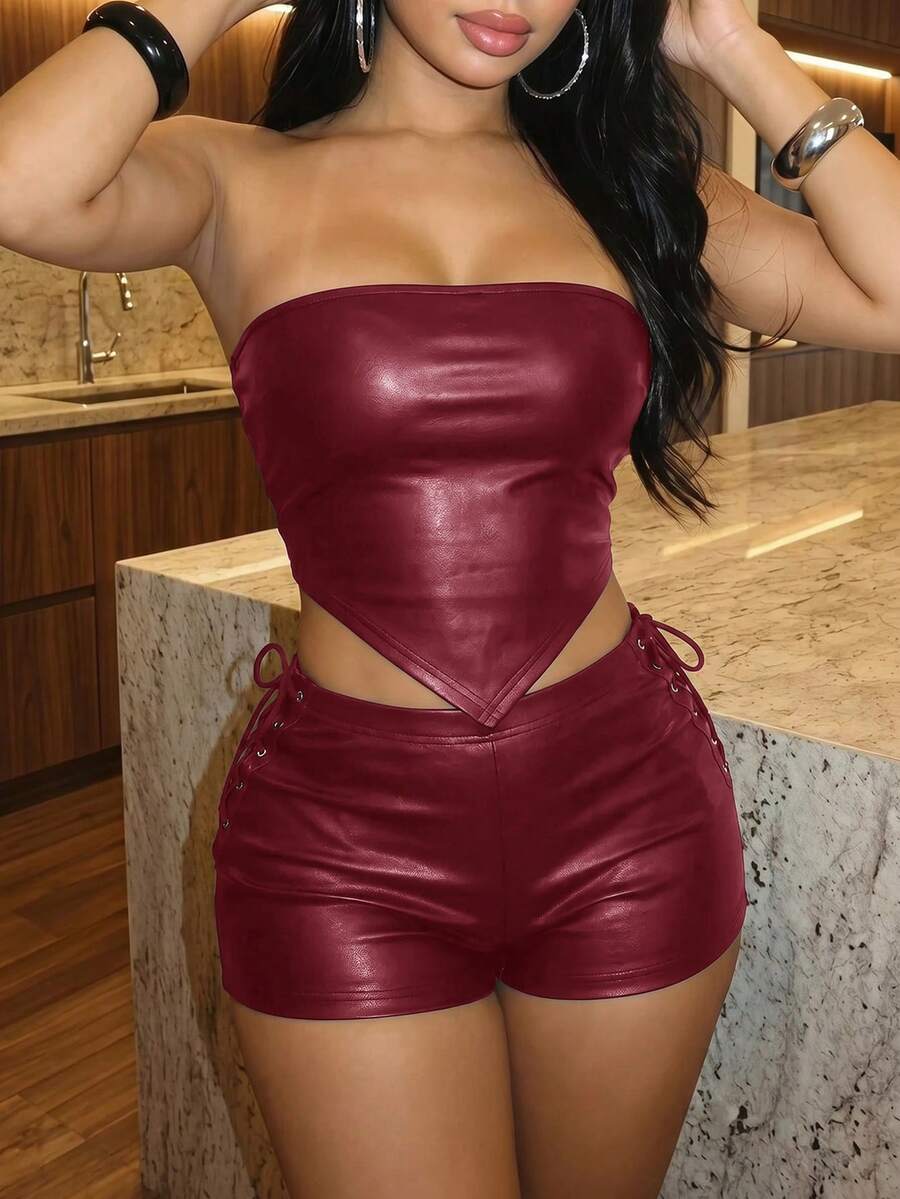 Slaydiva New Street Casual Sexy Hot Girl Y2K Burgundy PU Halter Neck Front Center Strap Top Club Party Summer - Burgundy - View 1