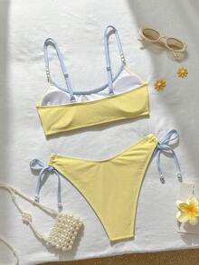Swim Mod Girls Striped Tank Top Swimsuit Top And V-Shaped Bikini Bottom 2 Pieces Set - Yellow - View 2