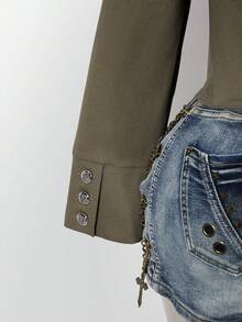 SHEIN ICON 女款大尺碼街頭時尚長袖拉鍊雙排扣夾克 - 軍綠色 - 查看 13