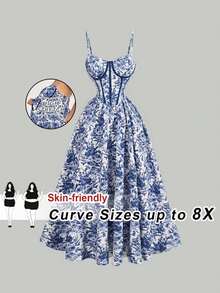 SHEIN CURVE+ Gaun Liburan Motif Bunga Ukuran Besar dengan Tali Bahu Tipis untuk Kencan dan Ulang Tahun - MultiWarna - View 1