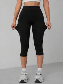 SHEIN PETITE سروال ضيق أسود كاجوال بخصر عالي وطول 3/4 للنساء، مناسب للصيف والخروج وملابس الخريف والملابس الرياضية للنساء - الأسود - مشاهدة 6