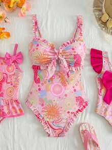 SHEIN Pink Summer Boho Cute Casual Beach Vacation Party Holiday Floral Print Ruffle Trim Halter One-Piece Swimsuit Cute Textured Fabric Bandeau Swimwear - Multicolor - View 1