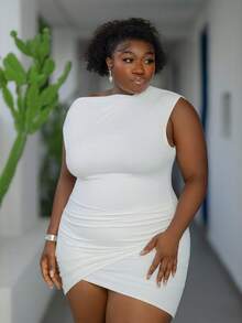 CurvyTilda Spring/Summer New Elegant & Party & Date & Wedding Season & Graduation & Birthday & Evening & Family Dinner & Candlelight Dinner Slim Solid White Asymmetric Sleeveless Ruched Hem Elastic Knit Fabric Plus Size Mini Dress - White - View 6