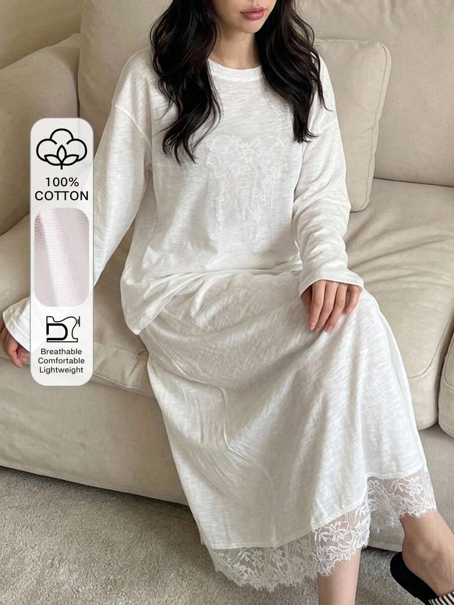 DAZY طقم بيجامة نسائي صيفي من قطعتين: تي شيرت فضفاض بأكمام طويلة مع تنورة، بتصميم دانتيل مرقع - أبيض - مشاهدة 1