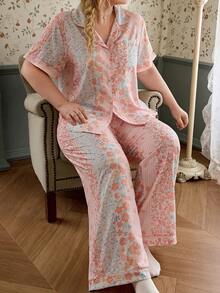 CottageSlumber Conjunto de Pijama Talla Grande con Estampado Floral & Cuadros Romántico Pastoral - Multicolor - Ver 5