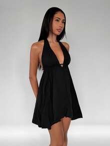 TRNVIE Women's Summer Solid Color Deep V-Neck Ruffle Hem Sexy Halter Neck Dress - Black - View 5