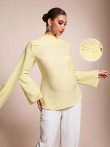 MaterniChic Elegant Solid Color Bell Sleeve Blouse For Pregnant Women Autumn,Yellow Back-Tie Ribbon Top Babyshower - Yellow - View 3