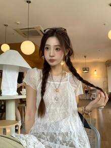 K-Vae Women's Fashion Lace Camisole Top With Ruffle Hem Date White Summer Frenchy Romantic Paris - White - View 5