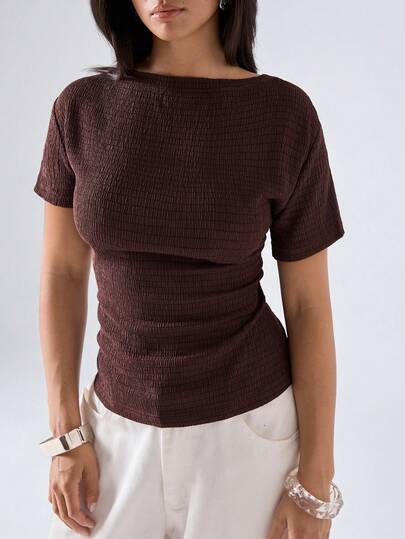 LYSMO Women's Summer Vacation Beach Solid Color Back Tie Waist Textured T-Shirt