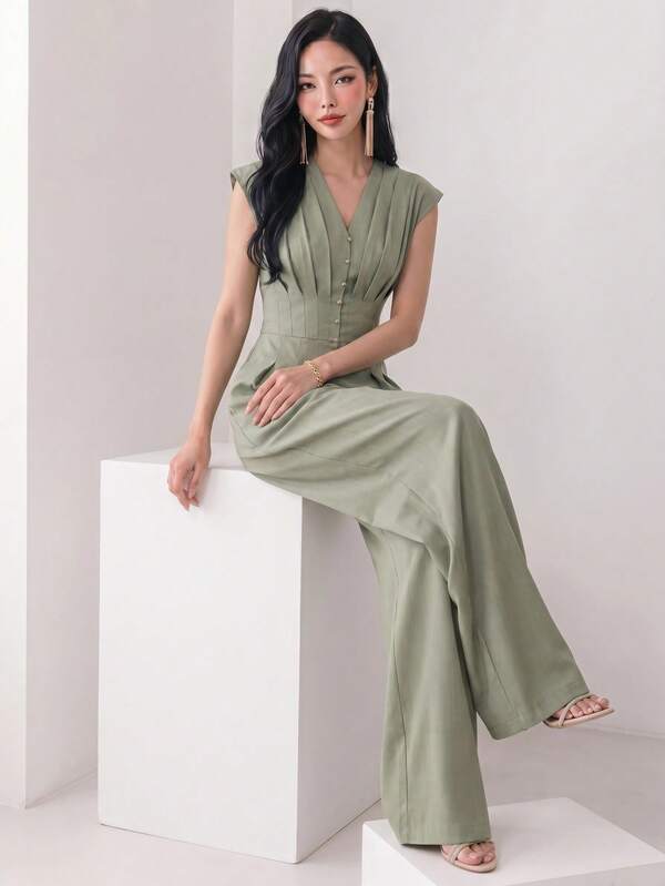 Heiryn Women's Solid Color Button Design Pleated Wide Leg Elegant Jumpsuit