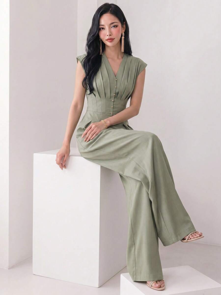Heiryn Women's Solid Color Button Design Pleated Wide Leg Elegant Jumpsuit - Green - View 1