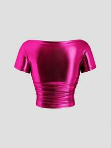 SHEIN Unity Boat Neck Short-Sleeved T-Shirt With Metallic Fabric And Pleats Y2K For New Year Holiday Party - Hot Pink - View 2