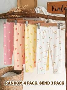Random 4 Packs Send 3PACK Cream, Cute Cherry, Lemon, Strawberry, Vintage Floral, Embossed, Baby Girl Cute Comfortable Knitted Elastic Solid Color Elastic Waist Long Pants - Multicolor - View 4