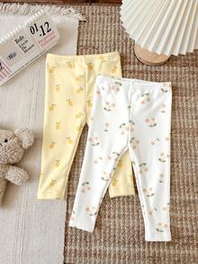 Random 4 Packs Send 3PACK Cream, Cute Cherry, Lemon, Strawberry, Vintage Floral, Embossed, Baby Girl Cute Comfortable Knitted Elastic Solid Color Elastic Waist Long Pants - Multicolor - View 5