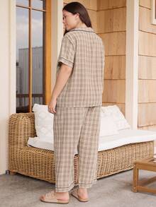 Doze Lane Plaid Lapel Short Sleeve Long Pants Plus Size Pajama Set - Brown - View 3