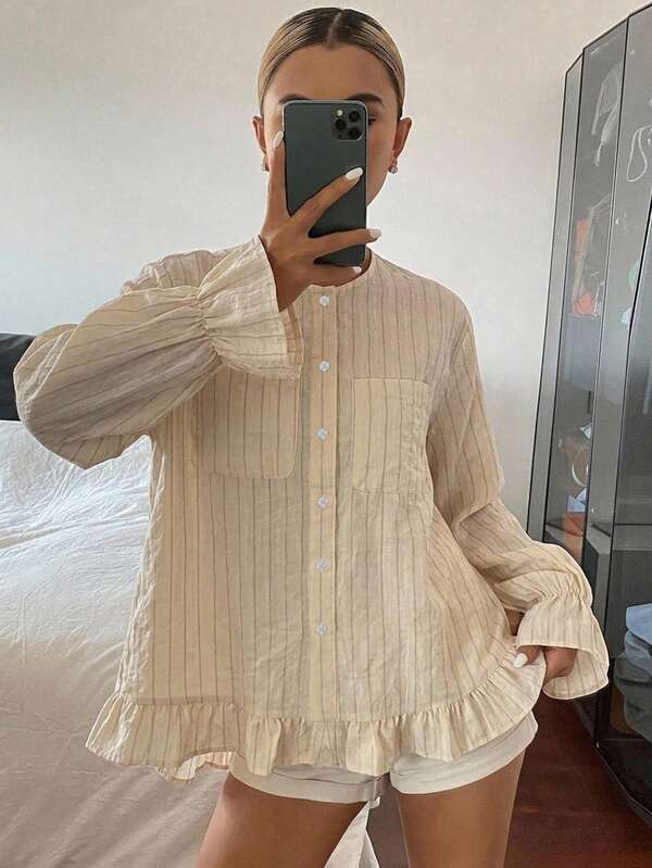 DAZY Vintage Striped Loose Round Neck Hem Lace Pocket Casual Girl Vacation Spring Summer Blouse Women Shirt