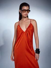 MERLEAU Robe sexy à bretelles spaghetti et col en V profond de couleur unie pour femmes - Rouge - Voir 3